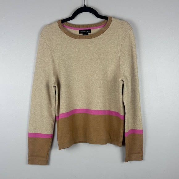 Cynthia Rowley Modern Classic Cozy Cream Camel Brown and Pink Crew Neck Sweater - Picture 6 of 8